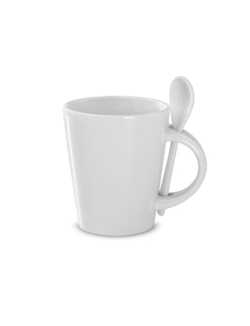 Taza con cuchara de cerámica.