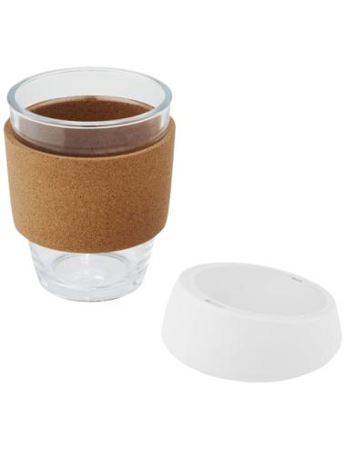 Vaso de vidrio borosilicato de 360 ml con agarre de corcho y tapa de silicona "Lidan"