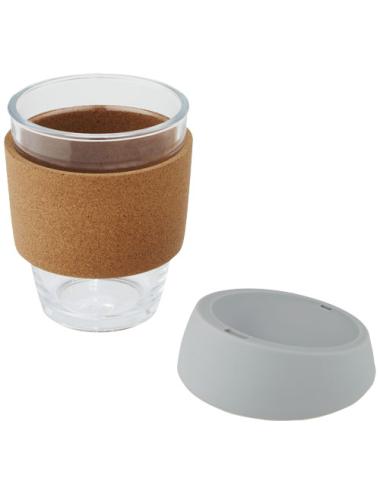 Vaso de vidrio borosilicato de 360 ml con agarre de corcho y tapa de silicona "Lidan"