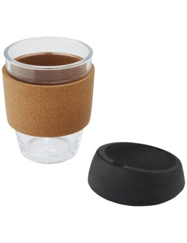 Vaso de vidrio borosilicato de 360 ml con agarre de corcho y tapa de silicona "Lidan"