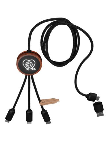 Cable de carga 5 en 1 de PET reciclado con logo retroiluminado y estuche redondo de madera "SCX.design C37"