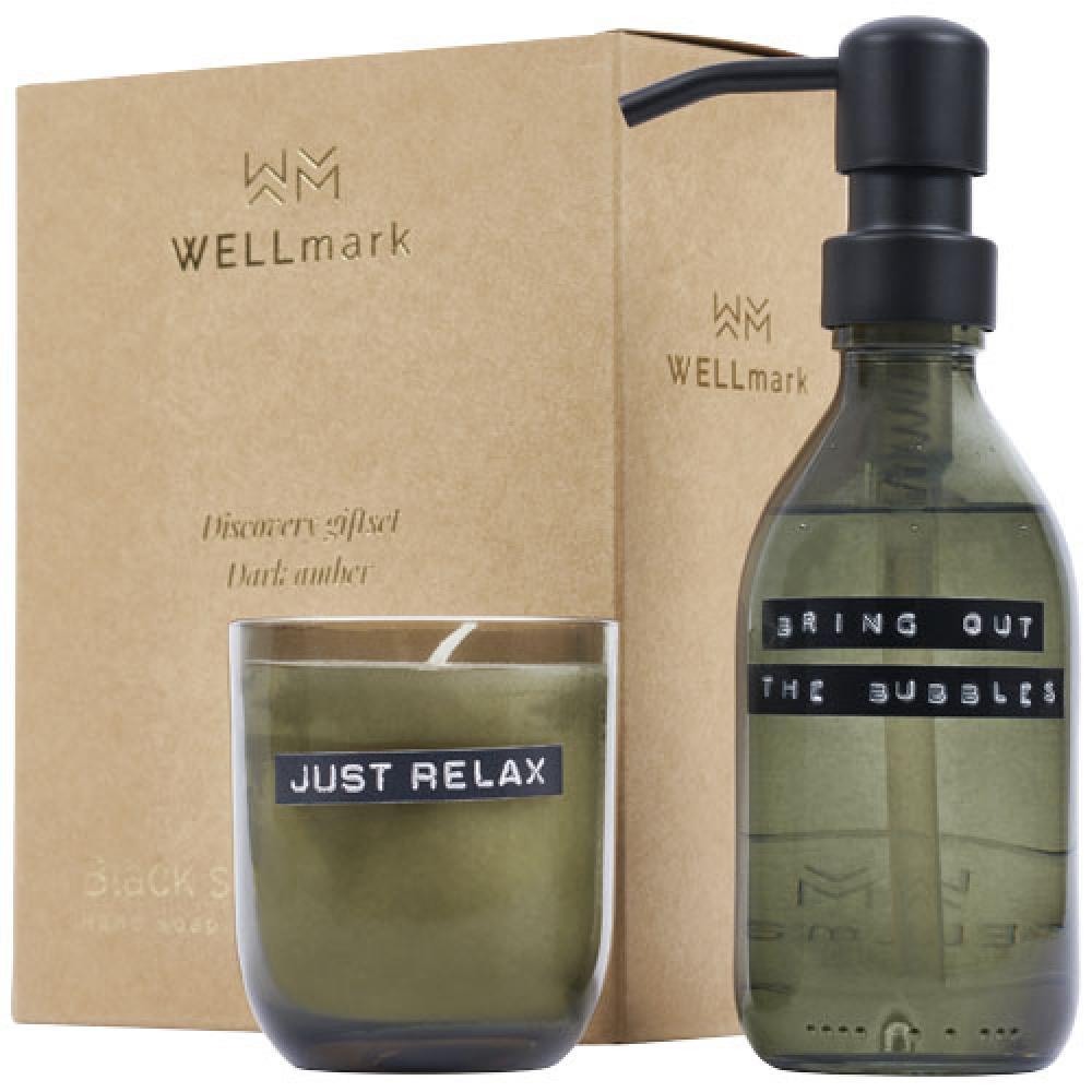 Dispensador de jabón de manos de 200 ml y juego de velas aromáticas de 150 g con fragancia de ámbar oscuro "Wellmark Discover