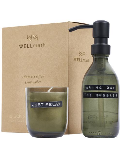 Dispensador de jabón de manos de 200 ml y juego de velas aromáticas de 150 g con fragancia de ámbar oscuro "Wellmark Discover